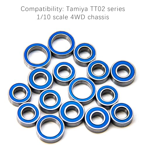 TT02 Bearings 16Pcs RC Car Sealed Ball Bearings Kit for Tamiya TT-02, TT01 1/10 RC Parts Rubber Sealed Bearings Kit Compatible with Tamiya Chassis - Reduce Friction, Boost Speed & Durability