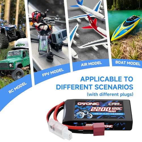 OVONIC 2S Lipo Battery 7.4V 2200mAh 120C with Dean-Style T to TRA Connector for RC Car Truck Vehicles Boat Drone Airplane Quadcopter Helicopter FPV Racing Hobby Models Pro Truck Boat Jet 2 Batteries