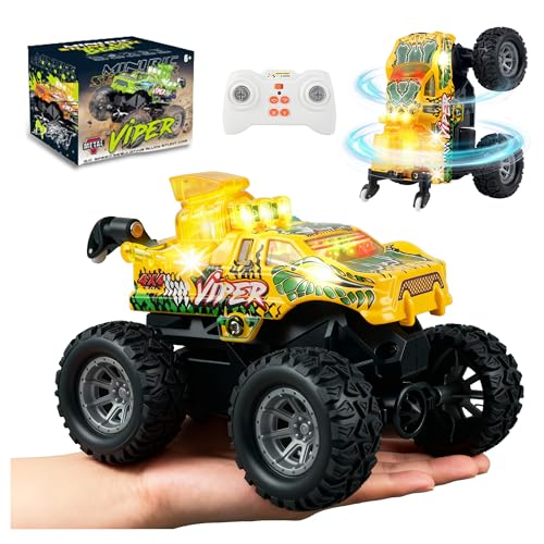 BEZGAR Mini Monster Truck Toys - 2.4GHz 1:64 Remote Control Car with Colorful Lights, 360° Spins, Metal Shell - Remote Control Monster Truck for Boys Girls Age 3, 4, 5, 6, 7, 8 Years Old(Yellow) - color: Yellow