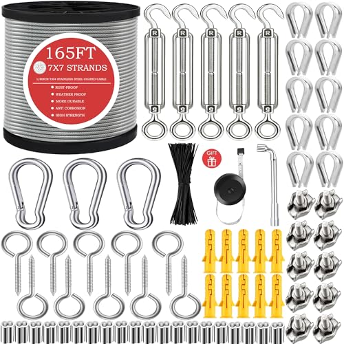 1/8" Stainless Steel Cable,1/8" Wire Rope,M5 Turnbuckle Kit,165FT Wire Tensioner for String Light Hanging Kit,Aircraft Cable,Guy Wire,Stainless Steel Wire Rope Kit - size: 50M Wire Rope