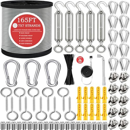 1/8" Stainless Steel Cable,1/8" Wire Rope,M5 Turnbuckle Kit,165FT Wire Tensioner for String Light Hanging Kit,Aircraft Cable,Guy Wire,Stainless Steel Wire Rope Kit - size: 50M Wire Rope