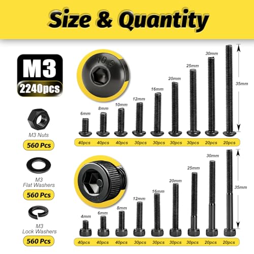 KADRICK 2240PCS M3 Screw Assortment,Hex Socket Button & Cap Head M3 Screws | Nuts Flat & Lock Washers Included,Class 10.9 Alloy Steel,Black Oxide Finish,M3 Screw Kit,M3 Bolts Length from 4MM-35MM - size: M3 2240Pcs 4-35mm