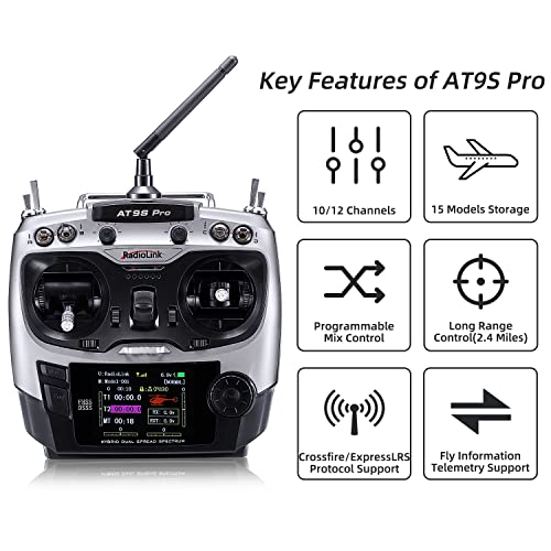 Radiolink AT9S Pro 10/12 Channels Radio Transmitter and Receiver R9DS, Long Range for Airplane/Jet/FPV Racing Drone/Quad/RC Truck Car/Boat and More (Mode 2 Left Hand) - color: At9s Pro-gray
