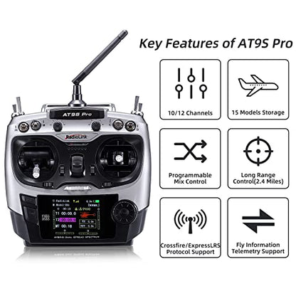 Radiolink AT9S Pro 10/12 Channels Radio Transmitter and Receiver R9DS, Long Range for Airplane/Jet/FPV Racing Drone/Quad/RC Truck Car/Boat and More (Mode 2 Left Hand) - color: At9s Pro-gray