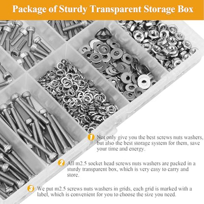 705 Pieces M2.5 Screws Nuts Washers Set, Sutemribor M2.5 x 4/6/8/10/12/16/20mm Hex Socket Head Cap Screws Nuts Washers Assortment Kit, 304 Stainless Steel, Fully Threaded - size: M2.5 Screws Kit, style: Socket Head