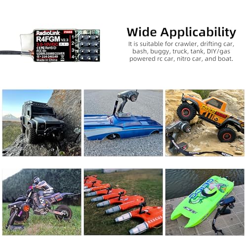 Radiolink 2.4Ghz R4FGM V2.3 RC Receivers 2pcs 4 Channels Integrated Gyro, Mini Size Receiver for 1:28 Scale Car/Boat, Works for Remote RC8X/RC4GS V3/RC6GS V3/T8S/T8FB/T12D/T16D