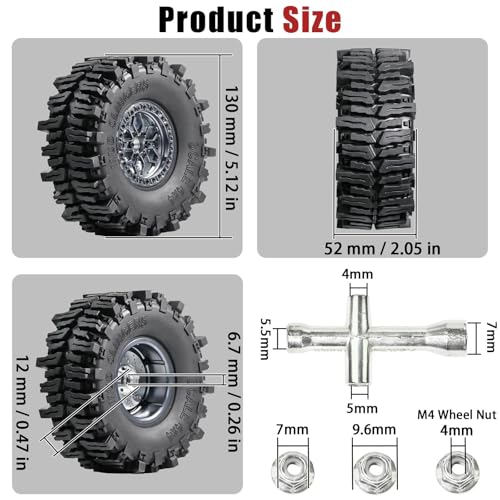 2.2 RC Crawler Tires Wheels Set, Mud Terrain Tires with Aluminum Beadlock Rims Brake Discs, 12mm Hex 5.5mm Positive Offset for Axial SCX10 SCX10 II III Pro Traxxas TRX4 TRX6 Redcat Gen8 VS4-10 - color: Titanium