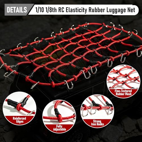 1/10 RC Elastic Cargo Net with Hooks, 240×140mm Roof Luggage Net for SCX10 | Compatible with 1/10 1/8 Traxxas TRX-4, D90, D110, SCX10, 90046 1/10 1/8 Crawler Truck Buggy Rack Accessories (Red) - color: Red