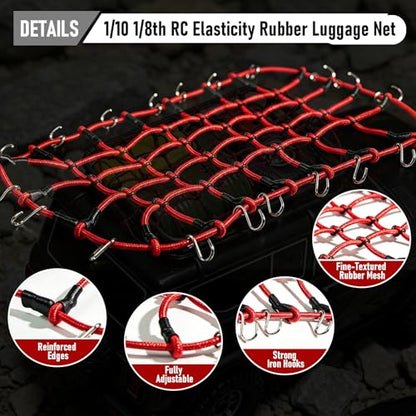 1/10 RC Elastic Cargo Net with Hooks, 240×140mm Roof Luggage Net for SCX10 | Compatible with 1/10 1/8 Traxxas TRX-4, D90, D110, SCX10, 90046 1/10 1/8 Crawler Truck Buggy Rack Accessories (Red) - color: Red