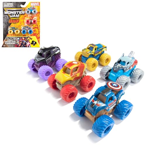 Monster Jam Marvel Mini Monster Trucks 1:87 Scale 5-Pack | Includes 4 Mini Trucks & 1 Mystery Truck, Authentic Marvel Details, Collectible Fun, Toys for Ages 3 and Up