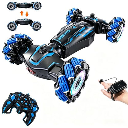 4WD Remote Control Gesture Sensor Car, Double-Sided Rotating 360° Flips Drift, with Lights Music, RC Stunt Twist Car Birthday Presents for 5-12 Kids (Blue) - color: L-blue