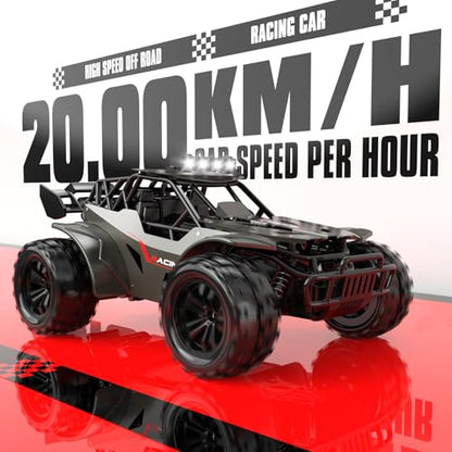 Remote Control Car 2.4GHz Metal Shell Speed 20KM/H Monster RC Truck with LED Headlight RC Car Two Rechargeable Batteries 50 Min Playtime Gifts for Kids 6-12