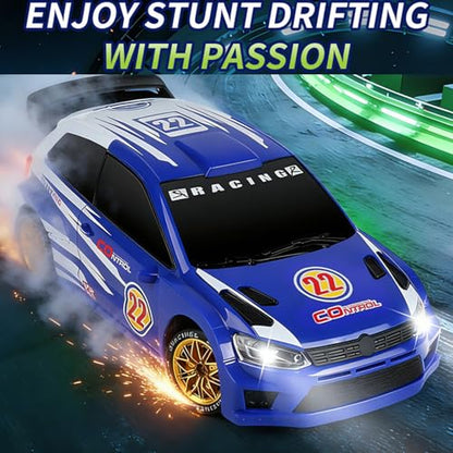 GoolRC RC Drift Car, 1/24 Scale Remote Control Car, 4WD RC Rally Car, 2.4GHz High Speed Electric Racing Vehicle with LED Lights and Drifting Tires for Adults (Blue) - color: Blue