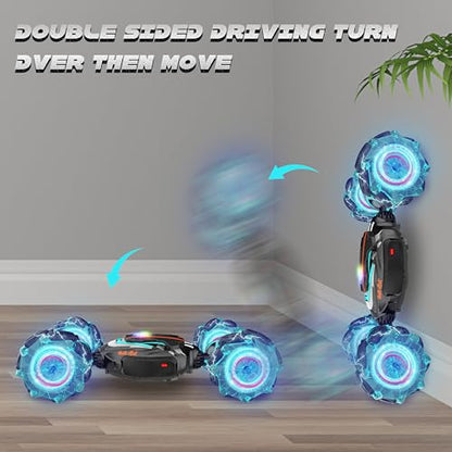 Gesture Sensing RC Stunt Car, Hand Controlled Remote Control Twist Cars | 4WD Remote Control Car with Lights, Music & Spinning Stunt, Birthday Toy Gift for Kids Boys Girls Age 6 7 8 9 10 11 12 - color: Black Blue