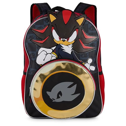 AI ACCESSORY INNOVATIONS Sonic The Hedgehog Backpack for Boys & Girls, Shadow 16 Inch Schoolbag with Die-cut Metallic Gold Ring Pocket, Black - color: Shadow Rings