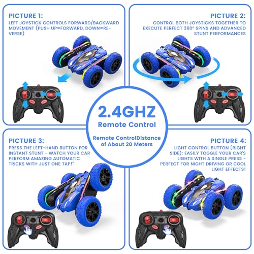 Wedopro RC Car for Boy Ages 6-12: 2 Batteries 360° Stunt Rotating 4WD Remote Control Toy with Headlights, Indoor Outdoor Birthday Gifts for Kids 6 7 8 9 10 11 12, Blue