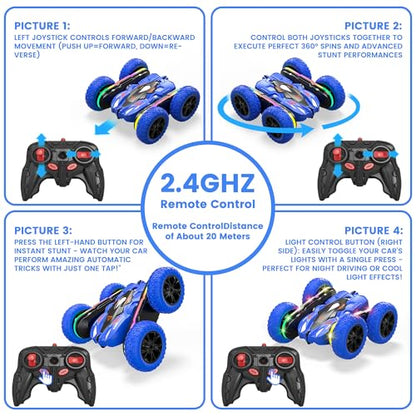 Wedopro RC Car for Boy Ages 6-12: 2 Batteries 360° Stunt Rotating 4WD Remote Control Toy with Headlights, Indoor Outdoor Birthday Gifts for Kids 6 7 8 9 10 11 12, Blue
