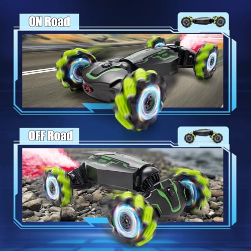 Remote Control Car for Boys, 4WD Gesture Sensing RC Stunt Car with Cool Music Light, 360° Rotating Flips Off-Road Vehicle Twist Car Toys for Kids Age 6-12 (Green) - color: L-green