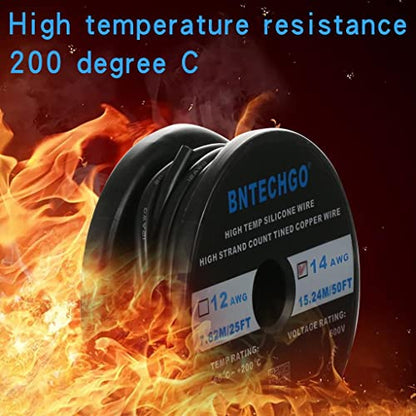 BNTECHGO 14 Gauge Silicone Wire Black 50ft Stranded Tinned Copper Wire | Flexible 14 AWG Stranded Wire Silicone Rubber Insulation For RC Models, Drone, Robot, Battery, EV Charger, 3D Printer, DIY - color: Black, size: silicone wire 50ft