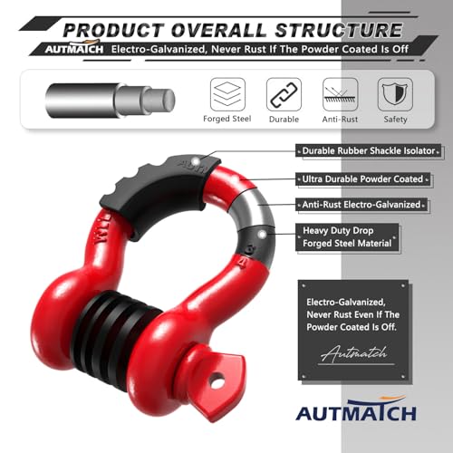 AUTMATCH D Ring Shackle 3/4" Shackles (2 Pack) 41,887Ibs Break Strength - Clevis Shackles with 7/8" Screw Pin and Shackle Isolator Washers Kit for Tow Strap Winch Off Road Vehicle Recovery, Red - color: Red