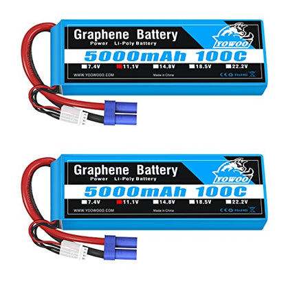 Yowoo 2 Packs Graphene Battery 5000mah 11.1V 3S 100C 3 Cell Battery Pack with EC5 Plug for Tracxas RC Cars Slash vxl Slash 4x4 vxl E-maxx Brushless Axial e-revo Brushless and Spartan Models - style: 3S 5000mAh EC5 (2 Pcak)