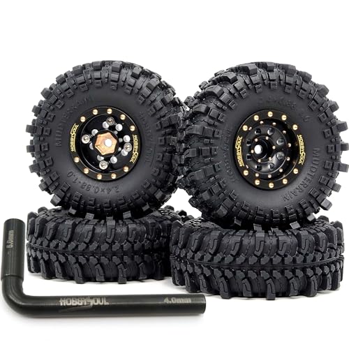 Brass 1.0 beadlock Wheels and Tires, 61mm Tall Tyre and Adjustable Offset 1'' Rims for RC Mud Crawler 1/18 TRX4M 1/24 SCX24 Upgrades, HS701454 - color: Black