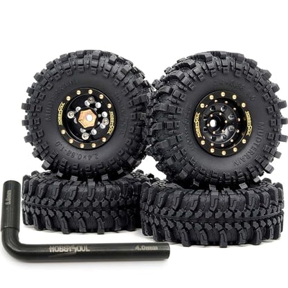 Brass 1.0 beadlock Wheels and Tires, 61mm Tall Tyre and Adjustable Offset 1'' Rims for RC Mud Crawler 1/18 TRX4M 1/24 SCX24 Upgrades, HS701454 - color: Black
