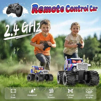 Amphibious Remote Control Car, 1:18 Boys Monster Truck Toys with LED Eyes | 4WD All Terrain Waterproof RC Cars, 2 x 1500mAh Batteries, 2.4 GHz RC Toys for Kids, 6+ Year Old Boys Christmas Birthday Gift - color: Blue/Red