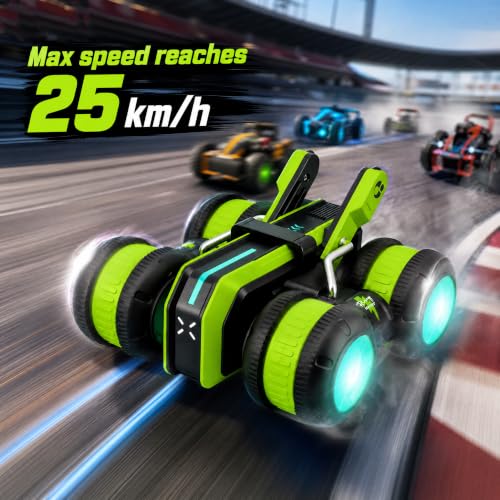 High Speed RC Stunt Car 25KM/H, 2.4GHz 4WD Remote Control Drift Car | Upright & Side Driving, One-Click Auto Stunts, Tire Flipping, 360° Rotation, Birthday Toy Gift for Kids Boys Ages 4-12 - color: Green