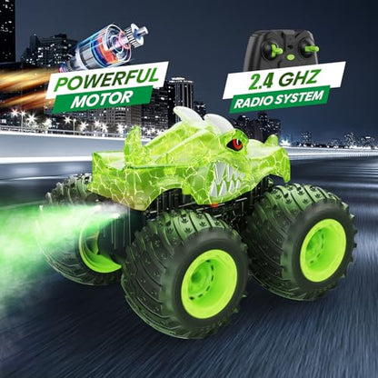 BAODLON RC Monster Trucks Toys for 3 4 5 6 7 8 Years Old Boys Kids, 2.4GHz Remote Control Monster Car, All Terrain RC Truck Off Road with Spray & Light, Rechargeable Battery, Christmas Birthday Gifts - style: Dinosaur-green