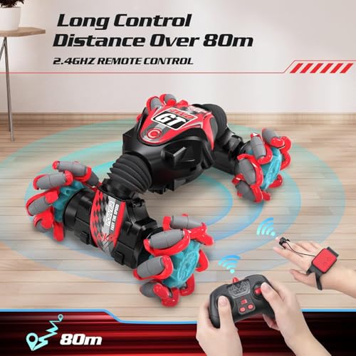 Kidstinct Gesture Sensing RC Stunt Car, Extra Large Gesture RC Car, Boy Toys Age 6-8, 4WD Hand Controlled Remote Control Twist Cars with Light & Music, 360°Rotate Transform Drift RC Cars (Pink)