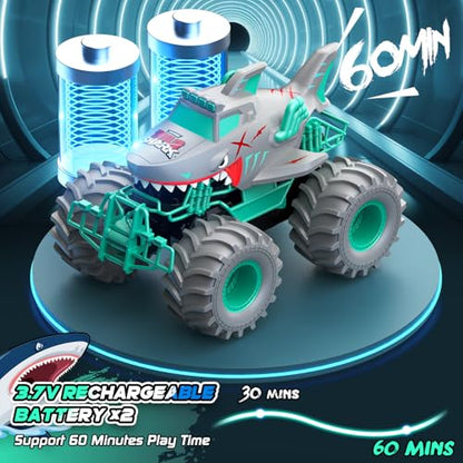 Waterproof Shark Remote Control Car, 1:16 Amphibious RC Cars 4WD All Terrain Off Road Monster Trucks Toys, RC Truck Pool Toys for Kids 3-5 6-8 8-12 Year Old Boy Birthday Gift, Gray - color: Gray