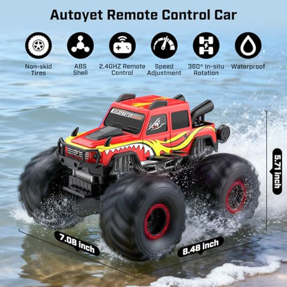 WayEee Amphibious Remote Control Car All Terrain RC Monster Truck Toys/Red | waterproof 4X4 monster truck off-road vehicles 2.4GHz remote control 1/18 Scale rc car toy for kids 6+ boys girls gifts - color: Red