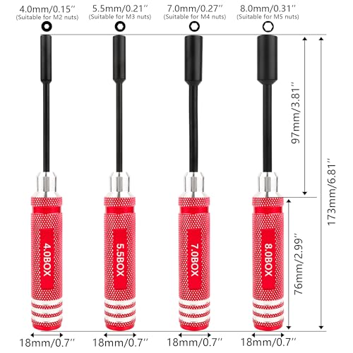 RC Hex Nut Driver Set Repair Tool Kit 4.0/5.5/7.0/8.0mm Hexagonal Head Nut Socket Wrench Screwdrivers for Hobby RC Quadcopter Helicopter FPV Drone Car Airplane(Red) - color: Red