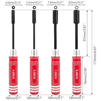 RC Hex Nut Driver Set Repair Tool Kit 4.0/5.5/7.0/8.0mm Hexagonal Head Nut Socket Wrench Screwdrivers for Hobby RC Quadcopter Helicopter FPV Drone Car Airplane(Red) - color: Red