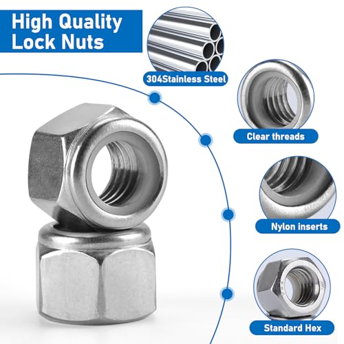 100 Pack 304 A2-70 1/4"-20 Nylon Lock Nuts | 100 Pack 304 A2-70 Stainless Steel 1/4"-20 Nylock Nuts, Anti-Loose, for Medium Duty Industrial & Home Fastening - color: Silver, size: 1/4"-20