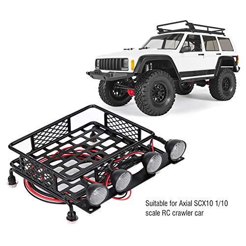 Small Size Roof Rack Luggage Carrier with LED Light Round, RC Roof Rack for Axial SCX10 1/10 RC Car, Metal RC Roof Rack with 4 LED Lights, Lightweight and Durable Accessory for RC (2 White 2)