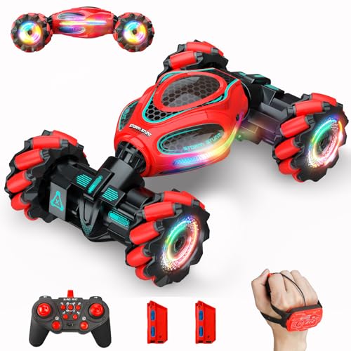 Gesture RC Car,1:18 4WD Transform Off-Road Stunt Car with Gesture & Remote Control, 360° Flips Drift Vehicle with LED Lights Music, All Terrain Toy Cars Gifts for Boys Girls Age 6-12 - style: 1:18 Red