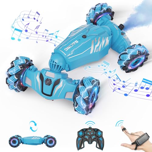 Dysaim Gesture Sensing RC Stunt Car, Cool Birthday Gifts for Boys Ages 6-12 Toys, 4WD Remote Control Car 360° Rotate Transform Drift RC Cars with Lights Music Sprayer, 2.4Ghz Hand Controlled - color: Sky Blue