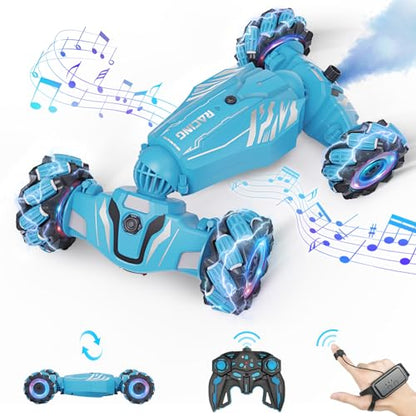 Dysaim Gesture Sensing RC Stunt Car, Cool Birthday Gifts for Boys Ages 6-12 Toys, 4WD Remote Control Car 360° Rotate Transform Drift RC Cars with Lights Music Sprayer, 2.4Ghz Hand Controlled - color: Sky Blue