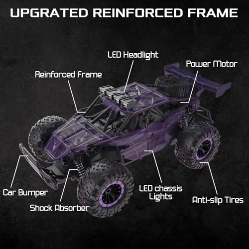 1:16 Scale Purple Remote Control Car, 20 Km/h High Speed Girls Remote Control Car Monster Vehicle with LED Headlights and Chassis Lights, RC Truck for Girls Boys and Adults - color: Amethyst Viper