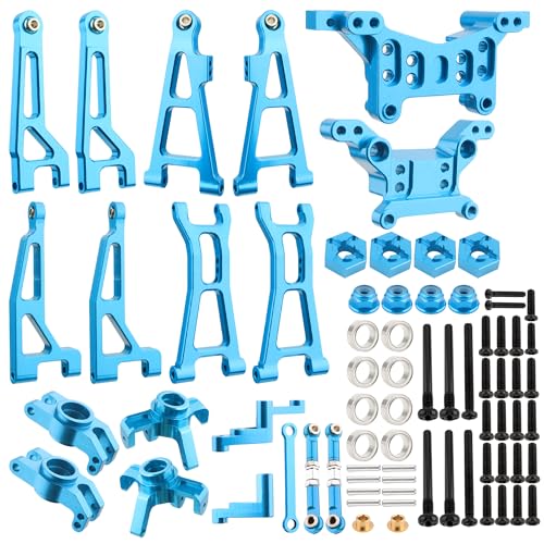 Aluminum Suspension Arms & Steering Knuckle Kit & Shock Tower & Linkage Assembly Parts for 1/16 Scale H16BM H16DR H16PL H16E & 16207 16208 16209 RC Upgrade Part(Blue)