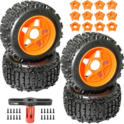 3.8" MT Monster Truck All Terrain Tires with Foam Insert - 17mm/14mm/12mm Hex Adapters Included for TRAXXAS Sledge ARRMA Kraton Outcast Tamiya HSP (Set of 4) Replacement Part of AR510092 - color: Orange
