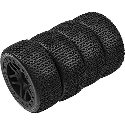 17mm Hex Hub 4.40''OD Rubber Tires & Plastic Wheel Rim w/Foam Compatible with 1/8 Arrma Python Kraton Redcat Kyosho Traxxas Sledge Losi HPI 1/8 Off-Road RC Buggy (T Style) - style: T Style