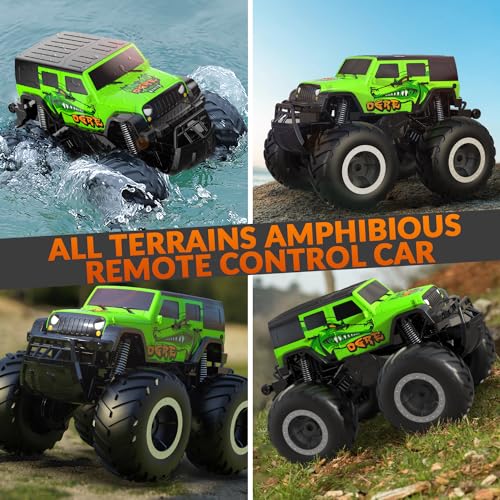 STEMTRON Amphibious RC Car 1:16 4WD Waterproof Monster Truck | 2.4GHz All Terrain Off-Road Remote Control Car, 360° Spin, Double-Sided Water Driving, Pool & Beach Toy Gift for Kids - color: Green Suv, size: 1:16 Scale
