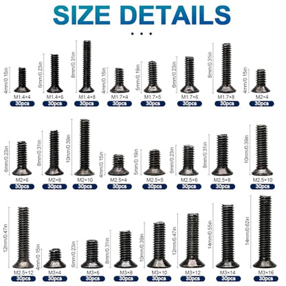 NINDEJIN 720pcs Laptop Notebook Computer Carbon Steel Screws Kit Set, Flat Head Phillips Screw Assortments, M1.4/1.7/2/2.5/3 Countersunk ssd Screws Accessories for SSD Toshiba DELL Sony Samsung | Machine Computer Screws Screws set, Carbon Steel , for Many