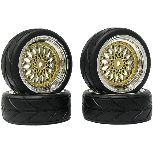 4PCS 64mm RC Rubber Tires and Plastic Plating Wheel Rims Set Replacement Part 12mm Hex for 1/10 RC On Road Run-flating Touring Racing Drift Car Tyre(Gold Silver,Offset:3mm) - color: Gold Silver, size: Offset:3mm
