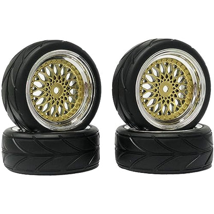 4PCS 64mm RC Rubber Tires and Plastic Plating Wheel Rims Set Replacement Part 12mm Hex for 1/10 RC On Road Run-flating Touring Racing Drift Car Tyre(Gold Silver,Offset:3mm) - color: Gold Silver, size: Offset:3mm