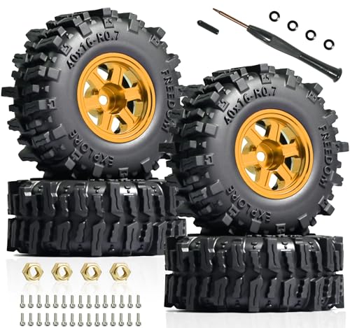 0.7” FS6 Super Soft Rubber Tires & CNC -1mm Offset Aluminum Beadlock Rims, 40×16mm Micro Crawler Wheels Tires Set for Axial SCX30 Redcat Ascent-32 1/30–1/32 RC Crawler, 4PCS Gold - color: Gold