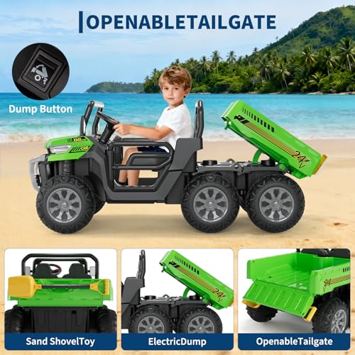 Hetoy 24V 2-Seater Ride On Dump Truck with Parent Remote Control, 4WD 6-Wheel Electric Car for Big Kids, UTV Style Dump Bed & Music Horn, ASTM/CPSIA Certified (Ages 3+) (Green) - color: Green